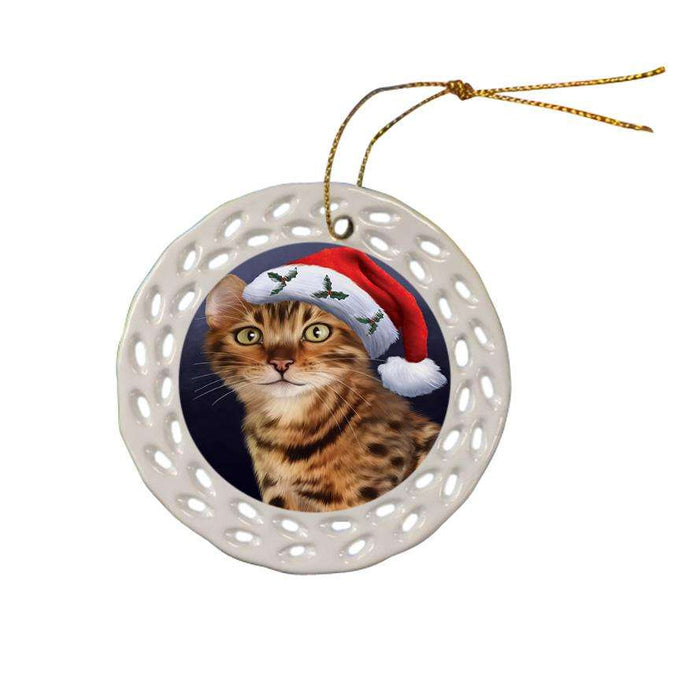 Christmas Holidays Bengal Cat Wearing Santa Hat Portrait Head Ceramic Doily Ornament DPOR53490