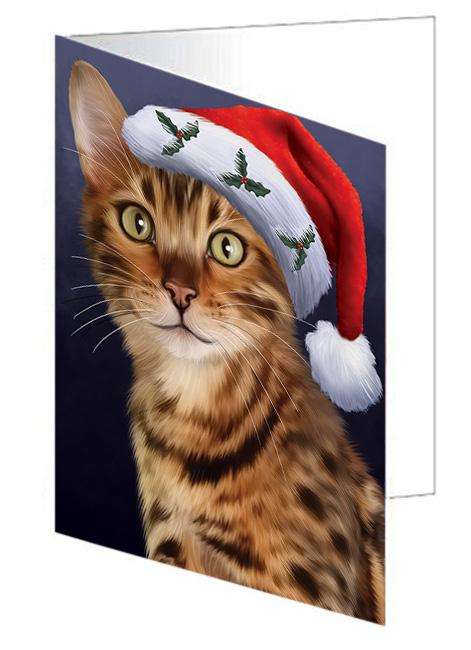 Christmas Holidays Bengal Cat Wearing Santa Hat Portrait Head Handmade Artwork Assorted Pets Greeting Cards and Note Cards with Envelopes for All Occasions and Holiday Seasons GCD64499