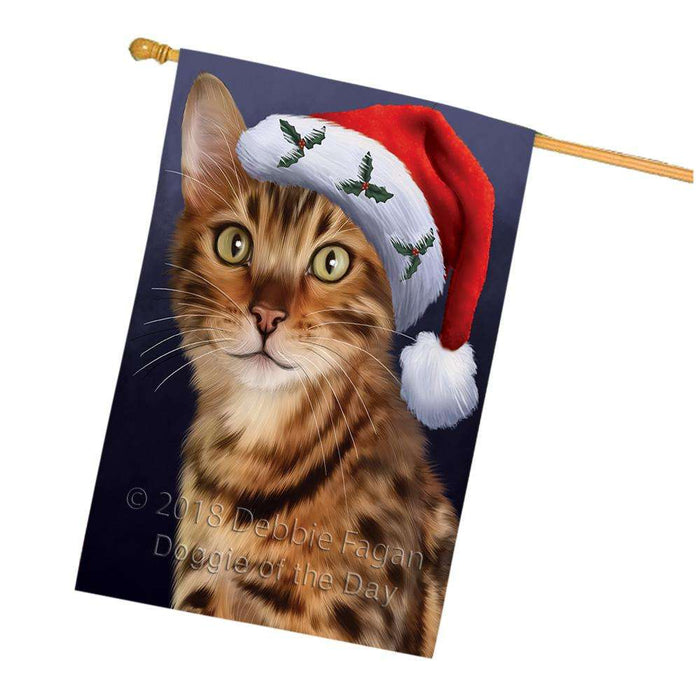 Christmas Holidays Bengal Cat Wearing Santa Hat Portrait Head House Flag FLG53688