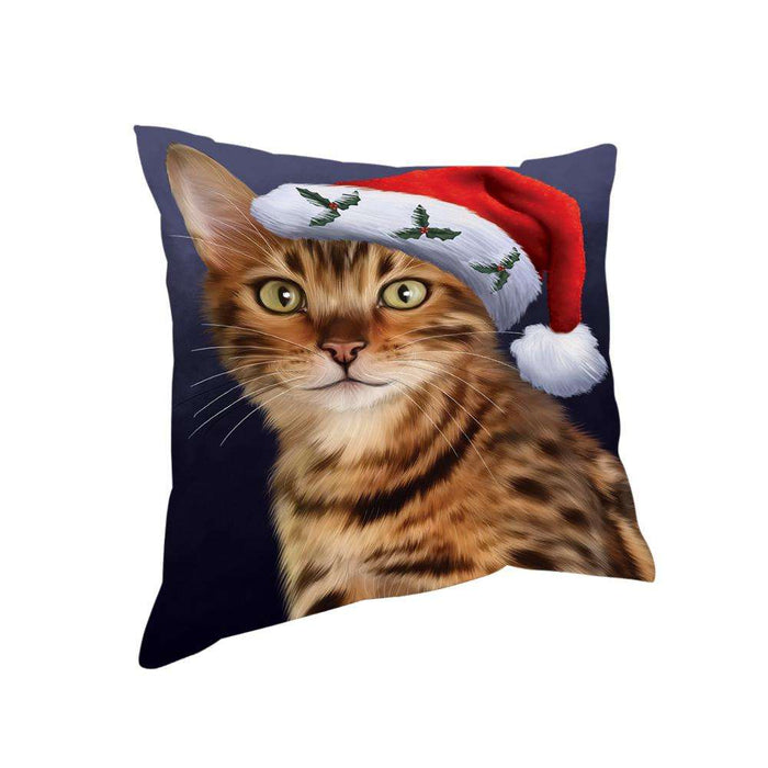 Christmas Holidays Bengal Cat Wearing Santa Hat Portrait Head Pillow PIL70584