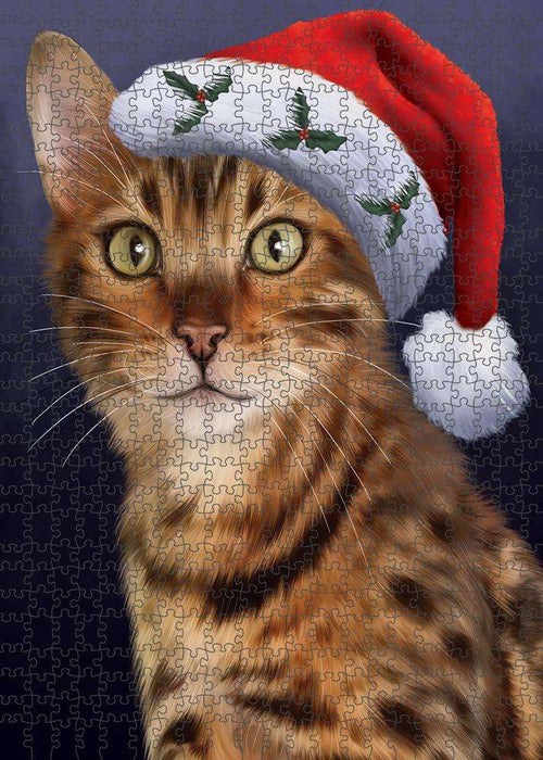 Christmas Holidays Bengal Cat Wearing Santa Hat Portrait Head Puzzle with Photo Tin PUZL81116