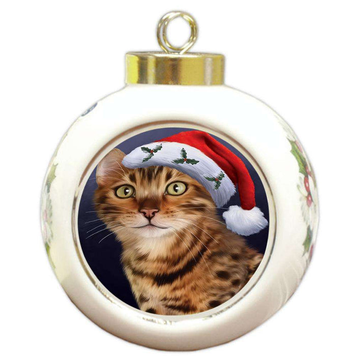 Christmas Holidays Bengal Cat Wearing Santa Hat Portrait Head Round Ball Christmas Ornament RBPOR53490