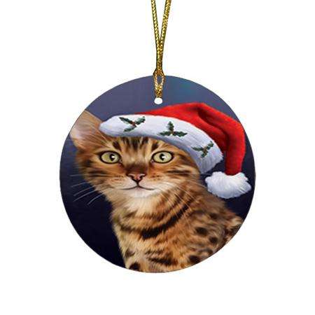 Christmas Holidays Bengal Cat Wearing Santa Hat Portrait Head Round Flat Christmas Ornament RFPOR53481