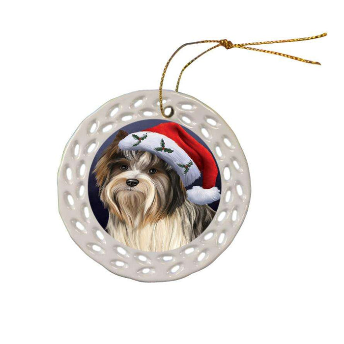 Christmas Holidays Biewer Terrier Dog Wearing Santa Hat Portrait Head Ceramic Doily Ornament DPOR53491