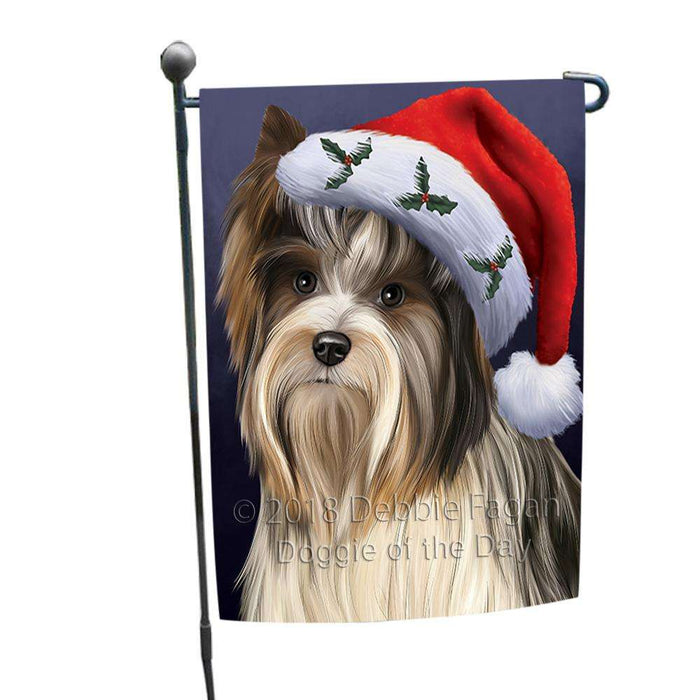 Christmas Holidays Biewer Terrier Dog Wearing Santa Hat Portrait Head Garden Flag GFLG53553