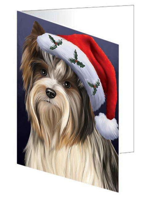Christmas Holidays Biewer Terrier Dog Wearing Santa Hat Portrait Head Handmade Artwork Assorted Pets Greeting Cards and Note Cards with Envelopes for All Occasions and Holiday Seasons GCD64502