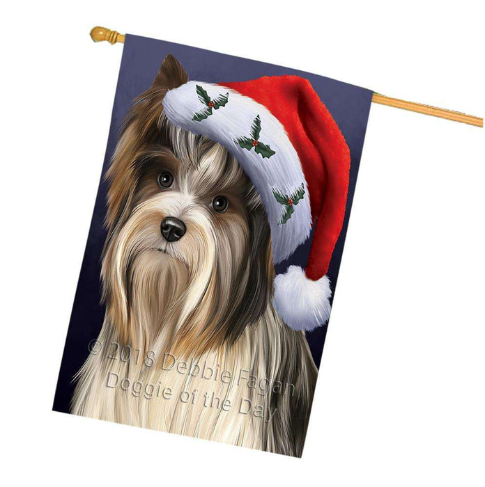 Christmas Holidays Biewer Terrier Dog Wearing Santa Hat Portrait Head House Flag FLG53689