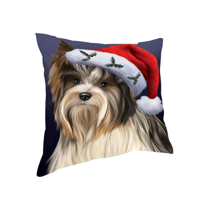 Christmas Holidays Biewer Terrier Dog Wearing Santa Hat Portrait Head Pillow PIL70588