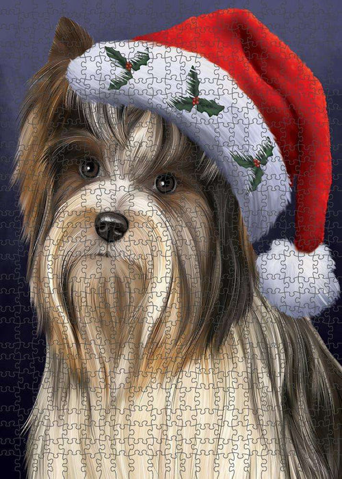 Christmas Holidays Biewer Terrier Dog Wearing Santa Hat Portrait Head Puzzle with Photo Tin PUZL81120