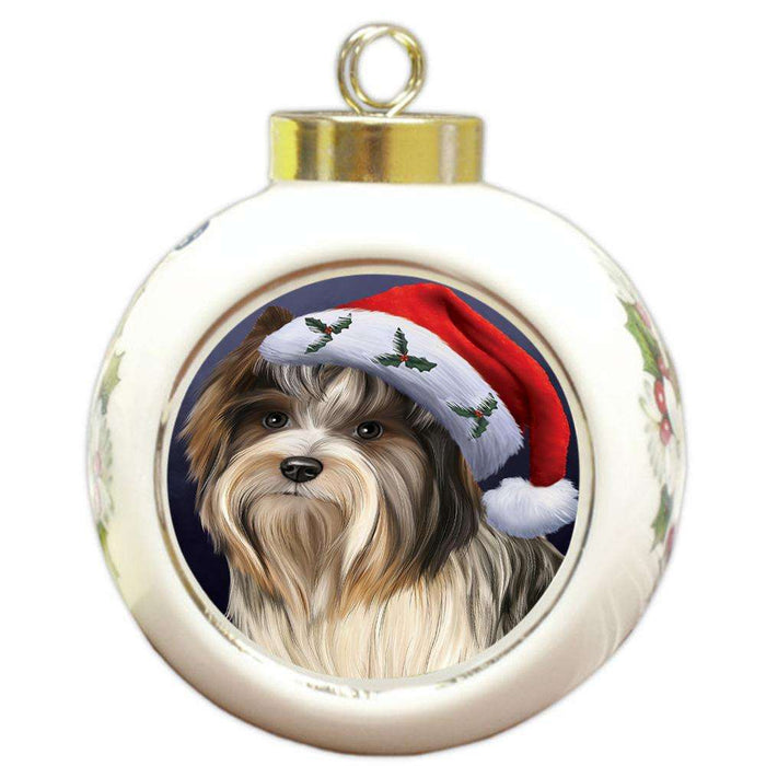 Christmas Holidays Biewer Terrier Dog Wearing Santa Hat Portrait Head Round Ball Christmas Ornament RBPOR53491