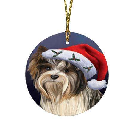 Christmas Holidays Biewer Terrier Dog Wearing Santa Hat Portrait Head Round Flat Christmas Ornament RFPOR53482