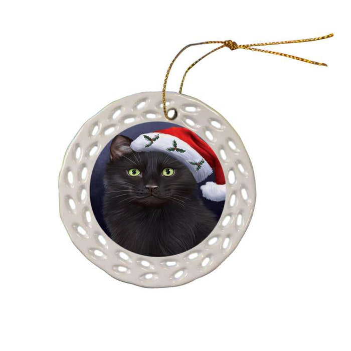 Christmas Holidays Black Cat Wearing Santa Hat Portrait Head Ceramic Doily Ornament DPOR53492