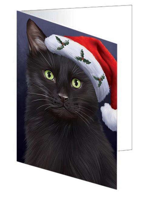 Christmas Holidays Black Cat Wearing Santa Hat Portrait Head Handmade Artwork Assorted Pets Greeting Cards and Note Cards with Envelopes for All Occasions and Holiday Seasons GCD64505