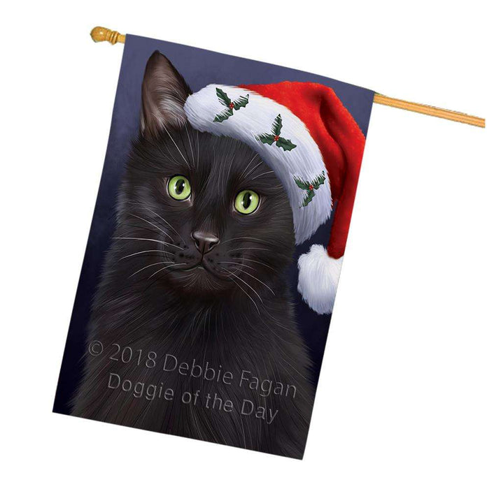 Christmas Holidays Black Cat Wearing Santa Hat Portrait Head House Flag FLG53690