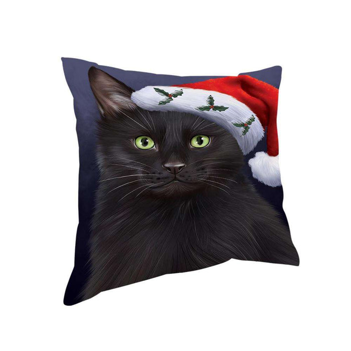 Christmas Holidays Black Cat Wearing Santa Hat Portrait Head Pillow PIL70592