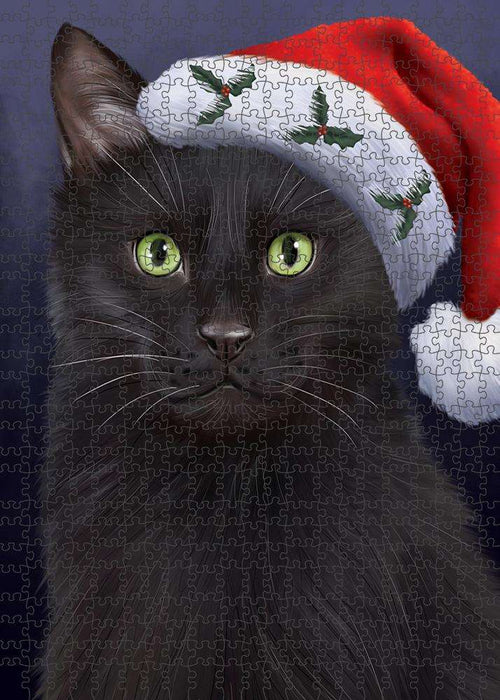 Christmas Holidays Black Cat Wearing Santa Hat Portrait Head Puzzle with Photo Tin PUZL81124
