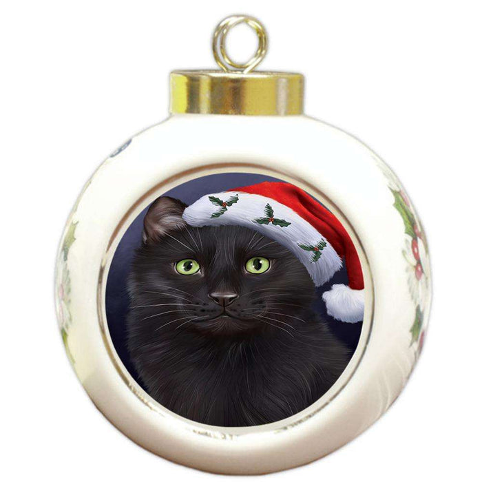 Christmas Holidays Black Cat Wearing Santa Hat Portrait Head Round Ball Christmas Ornament RBPOR53492