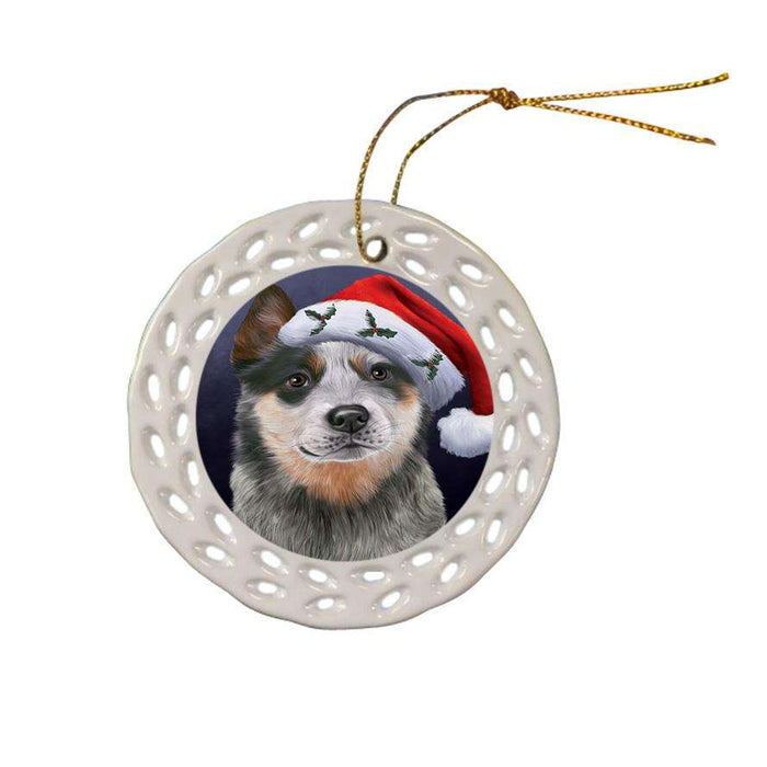 Christmas Holidays Blue Heeler Dog Wearing Santa Hat Portrait Head Ceramic Doily Ornament DPOR53493