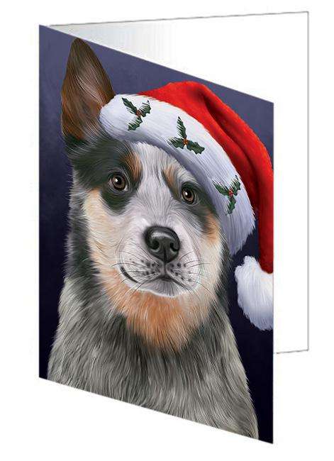 Christmas Holidays Blue Heeler Dog Wearing Santa Hat Portrait Head Handmade Artwork Assorted Pets Greeting Cards and Note Cards with Envelopes for All Occasions and Holiday Seasons GCD64508