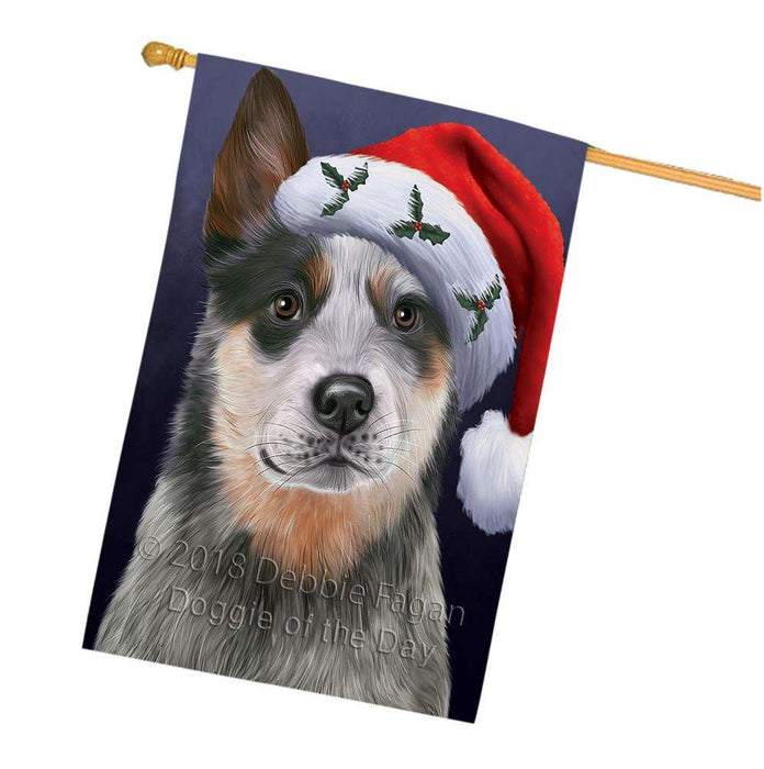 Christmas Holidays Blue Heeler Dog Wearing Santa Hat Portrait Head House Flag FLG53691