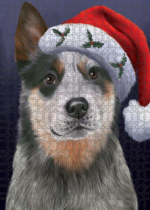 Christmas Holidays Blue Heeler Dog Wearing Santa Hat Portrait Head Puzzle with Photo Tin PUZL81128