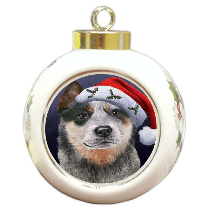 Christmas Holidays Blue Heeler Dog Wearing Santa Hat Portrait Head Round Ball Christmas Ornament RBPOR53493