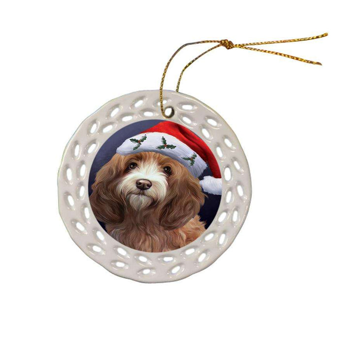 Christmas Holidays Cockapoo Dog Wearing Santa Hat Portrait Head Ceramic Doily Ornament DPOR53494