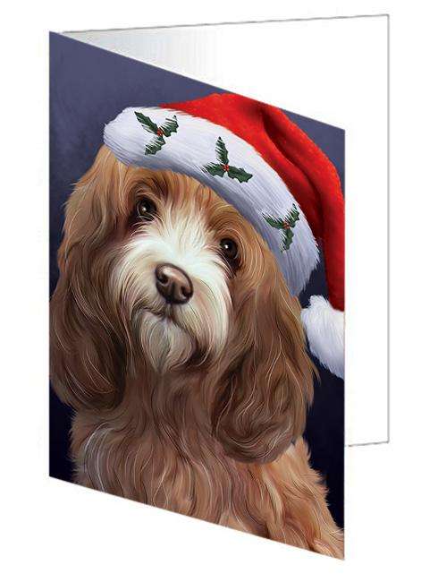 Christmas Holidays Cockapoo Dog Wearing Santa Hat Portrait Head Handmade Artwork Assorted Pets Greeting Cards and Note Cards with Envelopes for All Occasions and Holiday Seasons GCD64511