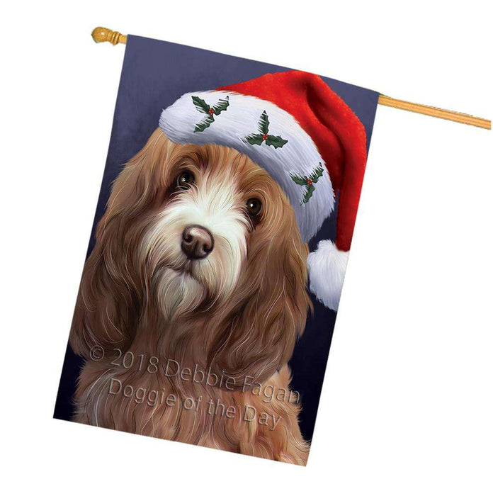 Christmas Holidays Cockapoo Dog Wearing Santa Hat Portrait Head House Flag FLG53692