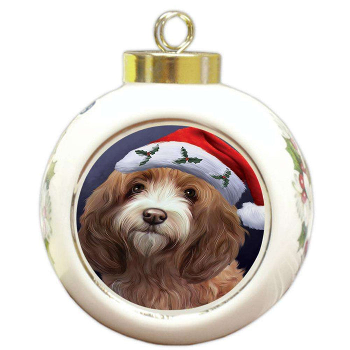 Christmas Holidays Cockapoo Dog Wearing Santa Hat Portrait Head Round Ball Christmas Ornament RBPOR53494