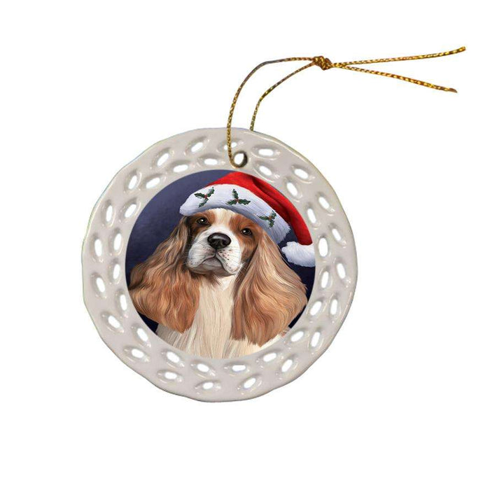 Christmas Holidays Cocker Spaniel Dog Wearing Santa Hat Portrait Head Ceramic Doily Ornament DPOR53495