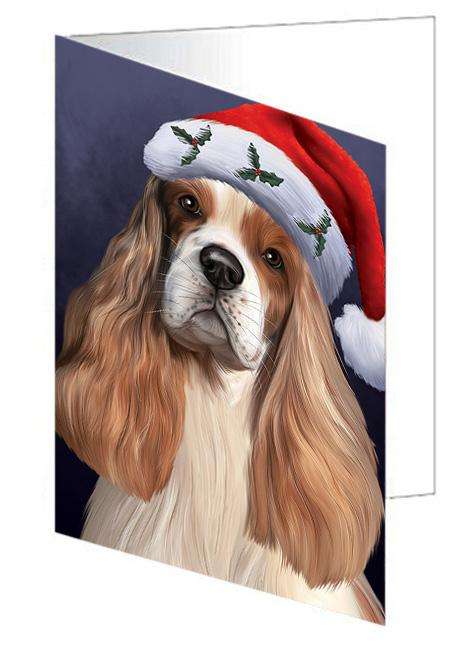 Christmas Holidays Cocker Spaniel Dog Wearing Santa Hat Portrait Head Handmade Artwork Assorted Pets Greeting Cards and Note Cards with Envelopes for All Occasions and Holiday Seasons GCD64514