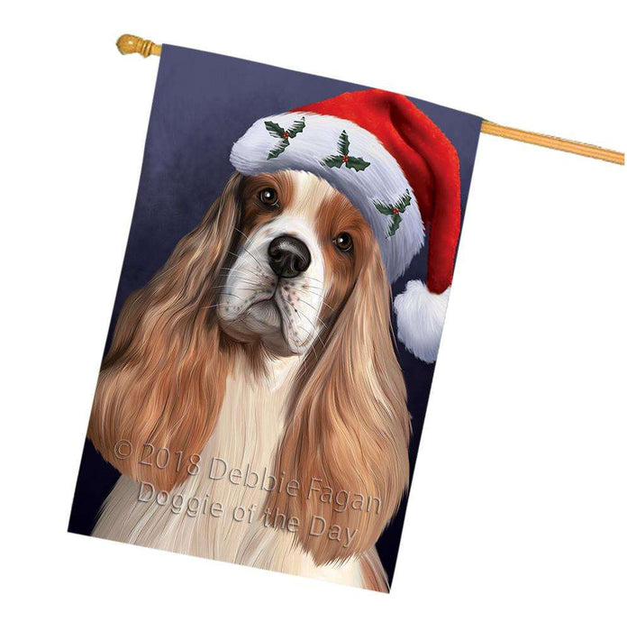 Christmas Holidays Cocker Spaniel Dog Wearing Santa Hat Portrait Head House Flag FLG53693