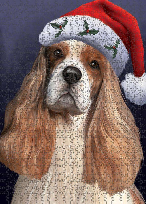 Christmas Holidays Cocker Spaniel Dog Wearing Santa Hat Portrait Head Puzzle with Photo Tin PUZL81136