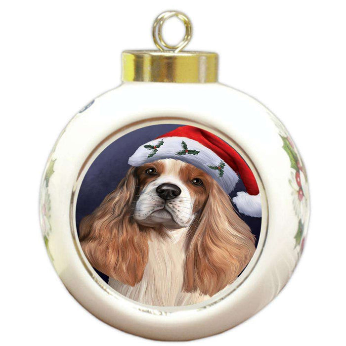 Christmas Holidays Cocker Spaniel Dog Wearing Santa Hat Portrait Head Round Ball Christmas Ornament RBPOR53495