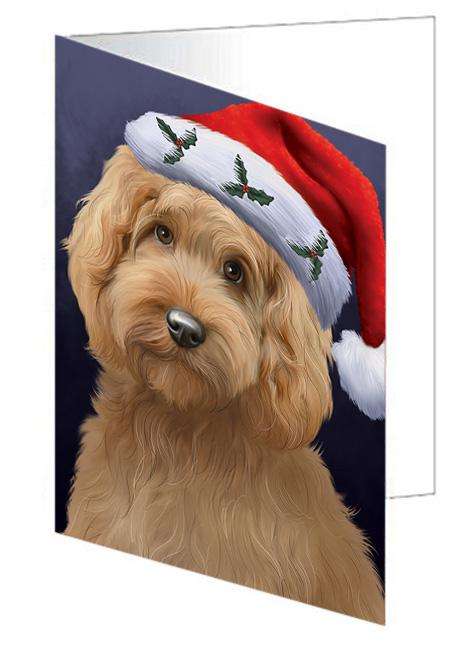 Christmas Holidays Goldendoodle Dog Wearing Santa Hat Portrait Head Handmade Artwork Assorted Pets Greeting Cards and Note Cards with Envelopes for All Occasions and Holiday Seasons GCD64517