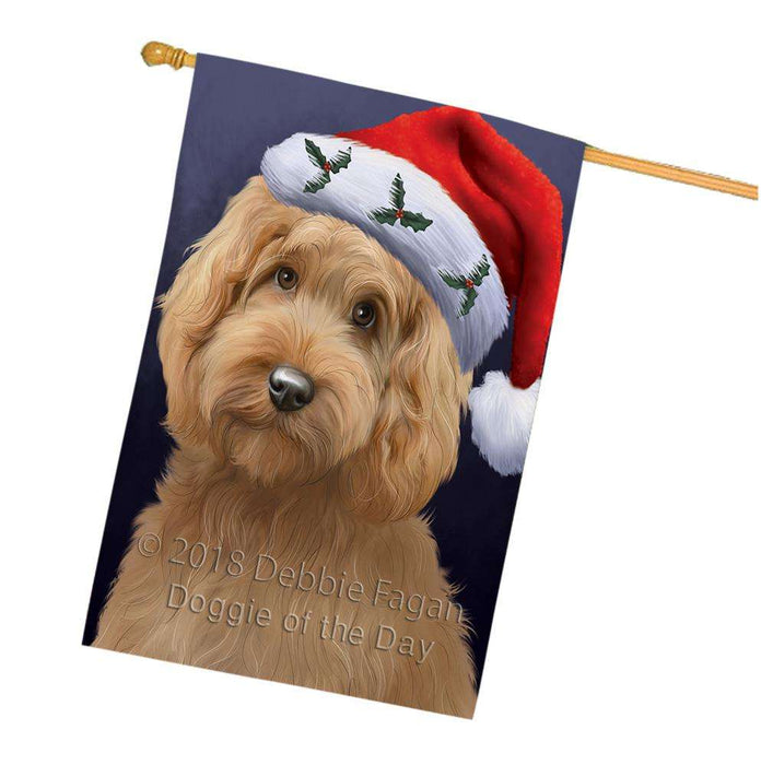 Christmas Holidays Goldendoodle Dog Wearing Santa Hat Portrait Head House Flag FLG53694