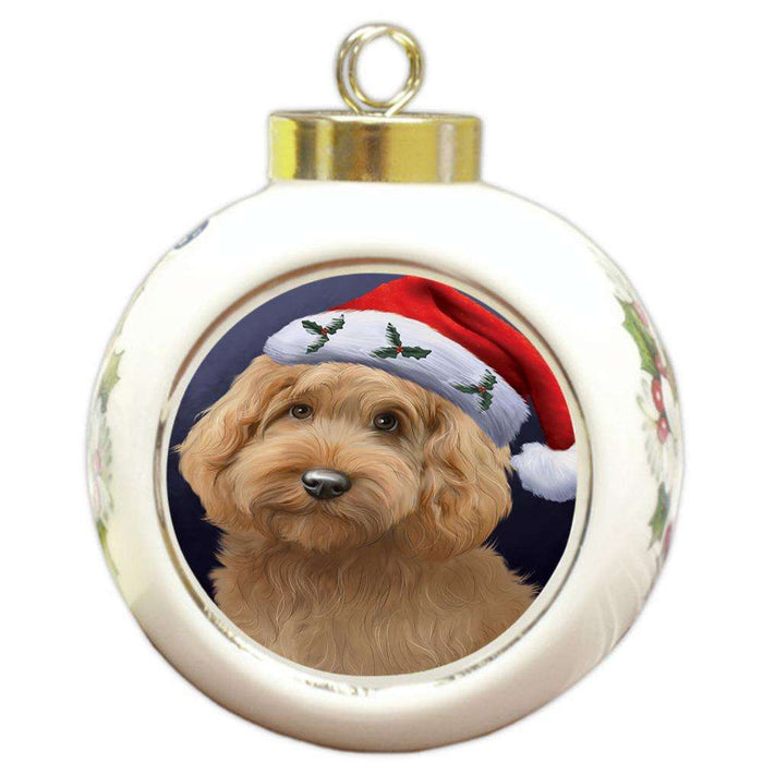 Christmas Holidays Goldendoodle Dog Wearing Santa Hat Portrait Head Round Ball Christmas Ornament RBPOR53496
