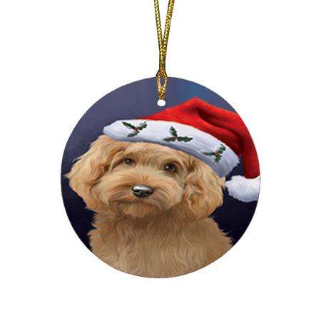 Christmas Holidays Goldendoodle Dog Wearing Santa Hat Portrait Head Round Flat Christmas Ornament RFPOR53487