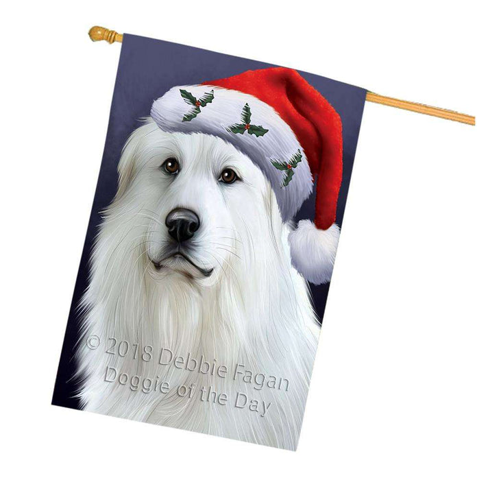 Christmas Holidays Great Pyrenees Dog Wearing Santa Hat Portrait Head House Flag FLG53695