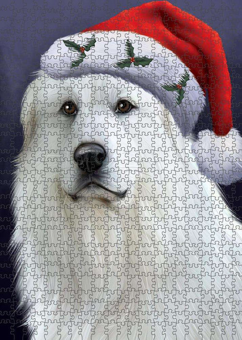Christmas Holidays Great Pyrenees Dog Wearing Santa Hat Portrait Head Puzzle with Photo Tin PUZL81144