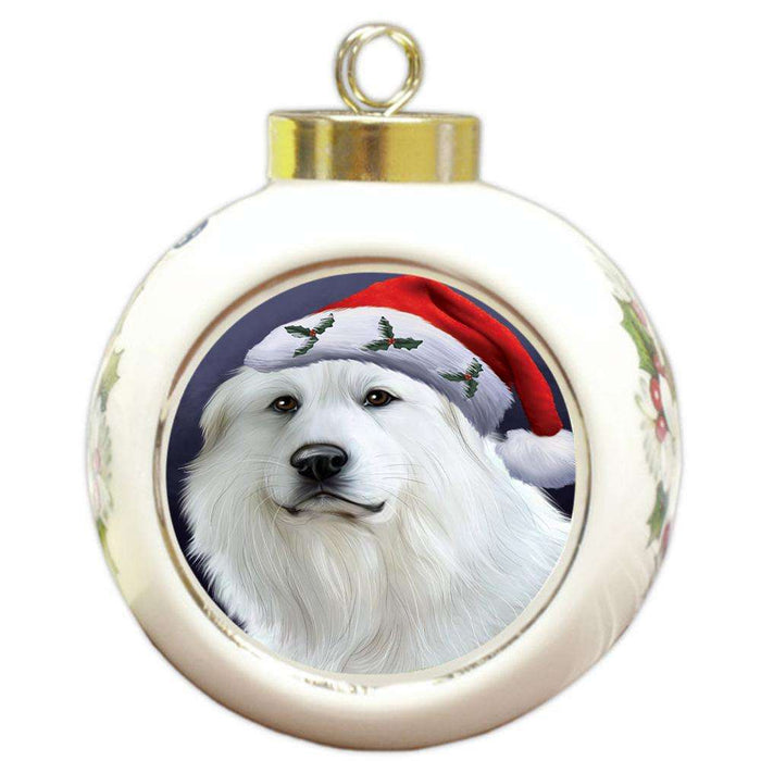 Christmas Holidays Great Pyrenees Dog Wearing Santa Hat Portrait Head Round Ball Christmas Ornament RBPOR53497