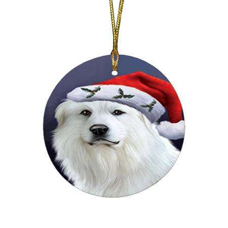 Christmas Holidays Great Pyrenees Dog Wearing Santa Hat Portrait Head Round Flat Christmas Ornament RFPOR53488
