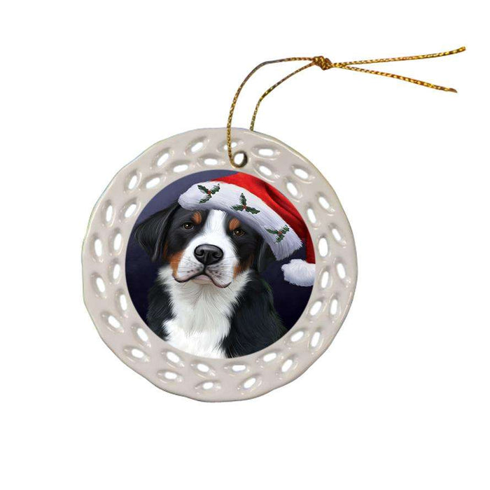 Christmas Holidays Greater Swiss Mountain Dog Wearing Santa Hat Portrait Head Ceramic Doily Ornament DPOR53498