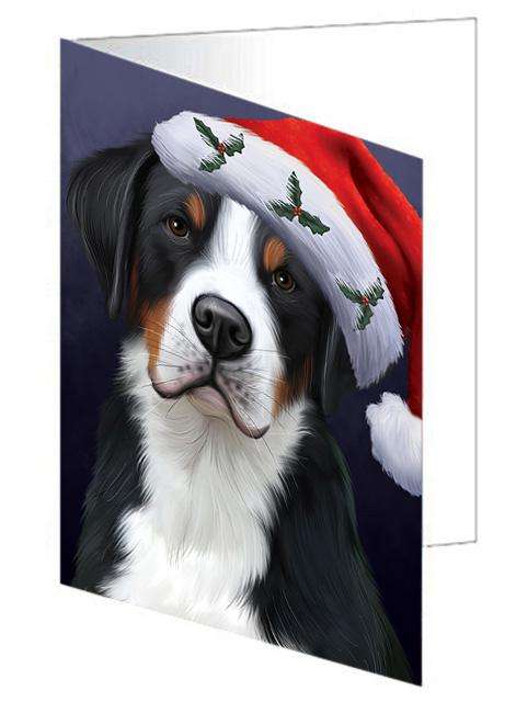 Christmas Holidays Greater Swiss Mountain Dog Wearing Santa Hat Portrait Head Handmade Artwork Assorted Pets Greeting Cards and Note Cards with Envelopes for All Occasions and Holiday Seasons GCD64523