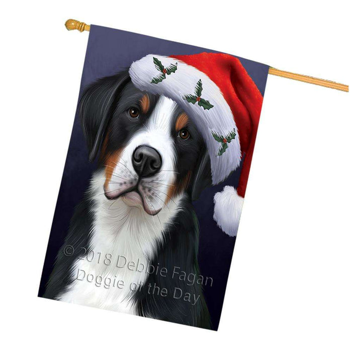 Christmas Holidays Greater Swiss Mountain Dog Wearing Santa Hat Portrait Head House Flag FLG53696