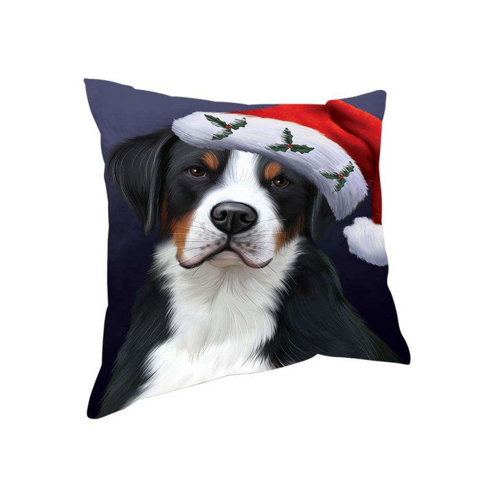 Christmas Holidays Greater Swiss Mountain Dog Wearing Santa Hat Portrait Head Pillow PIL70616