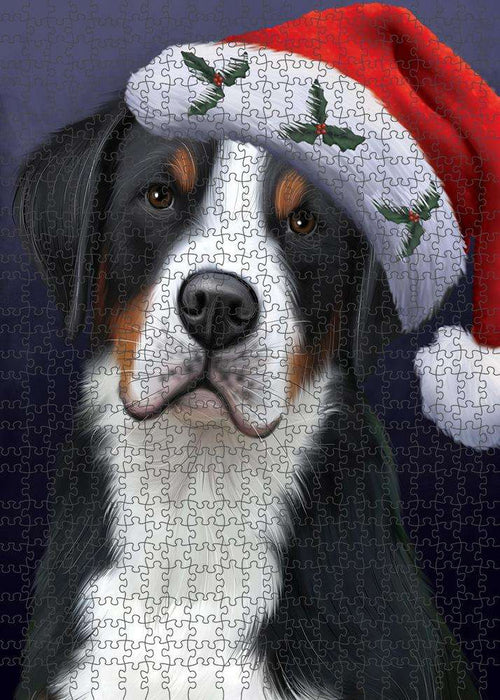 Christmas Holidays Greater Swiss Mountain Dog Wearing Santa Hat Portrait Head Puzzle with Photo Tin PUZL81148