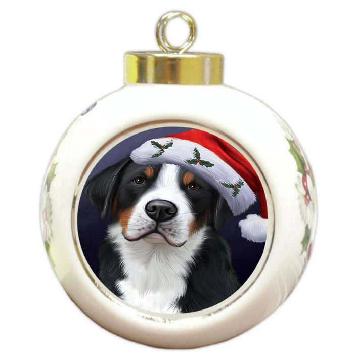Christmas Holidays Greater Swiss Mountain Dog Wearing Santa Hat Portrait Head Round Ball Christmas Ornament RBPOR53498