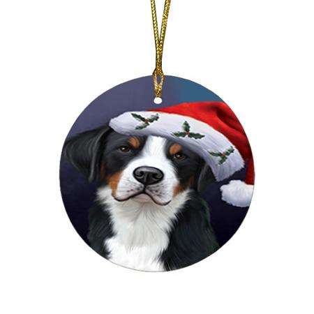 Christmas Holidays Greater Swiss Mountain Dog Wearing Santa Hat Portrait Head Round Flat Christmas Ornament RFPOR53489